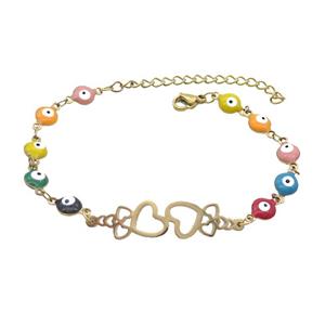 Stainless Steel Bracelets Evil Eye Multicolor Heart Gold Plated, approx 10-35mm, 6mm, 16-22cm length