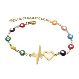 Stainless Steel Bracelets Evil Eye Multicolor Heart Gold Plated, approx 20-28mm, 6mm, 16-22cm length