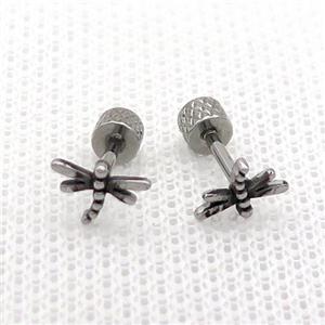 Raw Stainless Steel Stud Earrings Dragonfly, approx 5-8mm