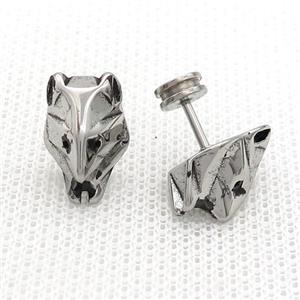 Raw Stainless Steel Stud Earrings Wolf, approx 10-15mm