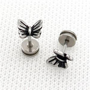 Raw Stainless Steel Stud Earrings Butterfly, approx 7-8mm