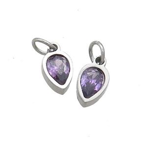 Raw Stainless Steel Teardrop Pendant Pave Purple Zircon, approx 4x6mm