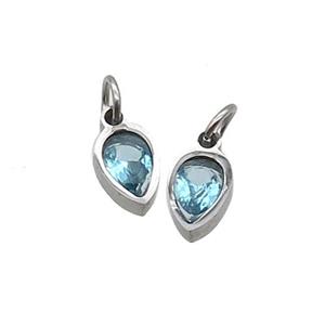 Raw Stainless Steel Teardrop Pendant Pave Aqua Zircon, approx 4x6mm