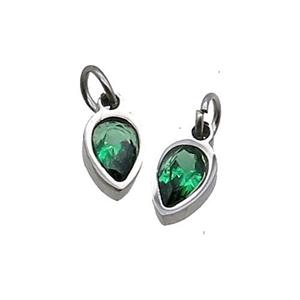 Raw Stainless Steel Teardrop Pendant Pave Green Zircon, approx 4x6mm