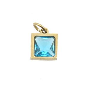 Stainless Steel Square Pendant Pave Blue Zircon Gold Plated, approx 6x6mm