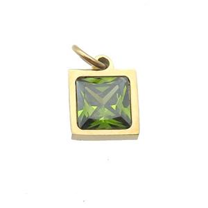 Stainless Steel Square Pendant Pave Olive Zircon Gold Plated, approx 6x6mm