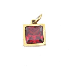 Stainless Steel Square Pendant Pave Red Zircon Gold Plated, approx 6x6mm