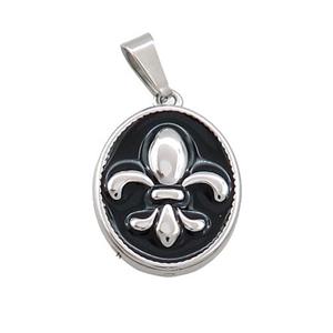 Raw Stainless Steel Fleur-De-Lis Charms Pendant Oval Black Enamel, approx 14-17mm