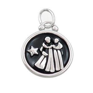 Raw Stainless Steel Gemini Zodiac Charms Pendant Circle Black Enamel, approx 17mm dia