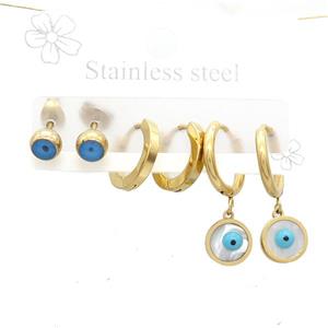 Stainless Steel Earrings Evil Eye Gold Plated, approx 6-10mm, 14mm dia