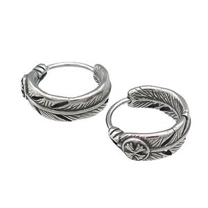 Stainless Steel Hoop Earrings Feather Antique Silver, approx 15-16mm