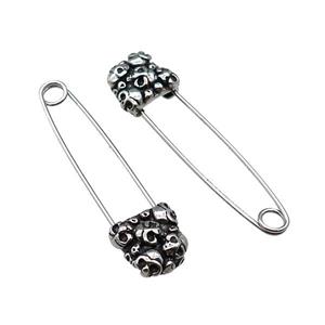 Stainless Steel Safety Pins Skull Antique Silver, approx 9-13mm, 40mm