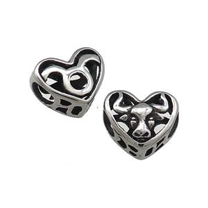 Titanium Steel Heart Beads Zodiac Taurus Large Hole Hollow Antique Silver, approx 12mm, 4mm hole