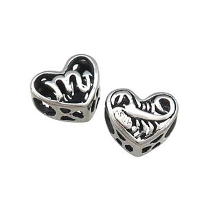 Titanium Steel Heart Beads Zodiac Scorpio Large Hole Hollow Antique Silver, approx 12mm, 4mm hole