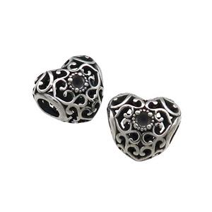 Titanium Steel Heart Beads Large Hole Hollow Antique Silver, approx 12mm, 4mm hole