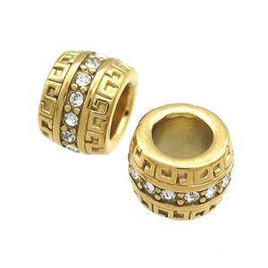 Stainless Steel Barrel Beads Pave Rhinestone Large Hole Gold Plated, approx 11mm, 6mm hole