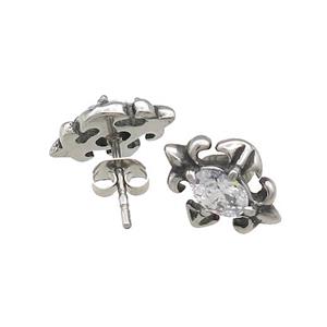 Stainless Steel Stud Earring Pave Rhinestone Flower Of Lily Antique Silver, approx 9-13mm