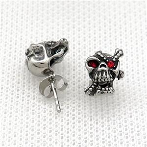 Stainless Steel Stud Earring Pave Rhinestone Skull Antique Silver, approx 9-11mm