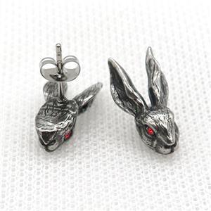 Stainless Steel Stud Earring Pave Rhinestone Rabbit Antique Silver, approx 10-19mm