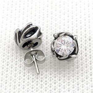 Stainless Steel Stud Earring Pave Rhinestone Antique Silver, approx 9mm