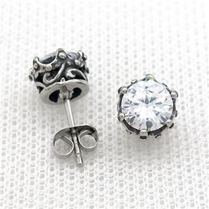 Stainless Steel Stud Earring Pave Rhinestone Antique Silver, approx 8mm