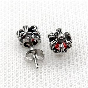 Stainless Steel Stud Earring Pave Red Rhinestone Crown Antique Silver, approx 8mm