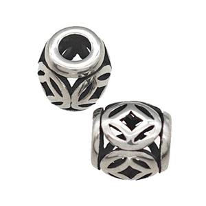 Titanium Steel Barrel Beads Large Hole Hollow Antique Silver, approx 9-10mm, 4mm hole