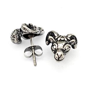 Sheep Stainless Steel Goat Stud Earrings Pave Rhinestone Aries Antique Silver, approx 11-12mm