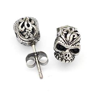 Stainless Steel Skull Stud Earrings Antique Silver, approx 9-11mm