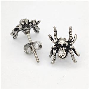 Stainless Steel Spider Stud Earrings Pave Rhinestone Antique Silver, approx 10-12mm