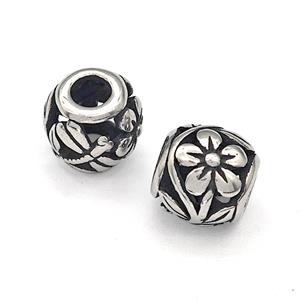 316 Stainless Steel Round Beads Flower Hollow Large Hole Antique silver, approx 9-10mm, 4mm hole