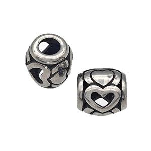 316 Stainless Steel Barrel Beads Heart Hollow Large Hole Antique Silver, approx 9-10mm, 4mm hole