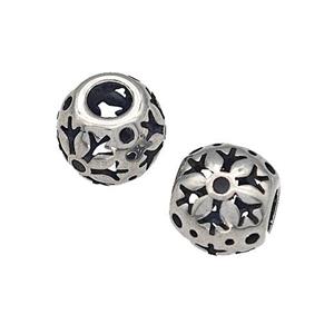 316 Stainless Steel Round Beads Flower Hollow Large Hole Antique silver, approx 9-10mm, 4mm hole