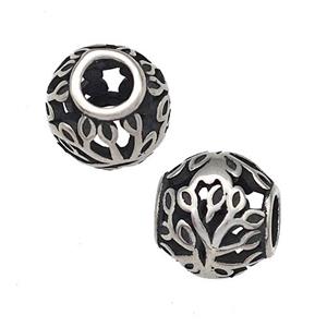 Stainless Steel Round Beads Flower Hollow Large Hole Antique Silver, approx 9-10mm, 4mm hole