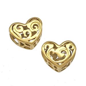 Stainless Steel Heart Beads Hollow Large Hole Gold Plated, approx 12mm, 4mm hole