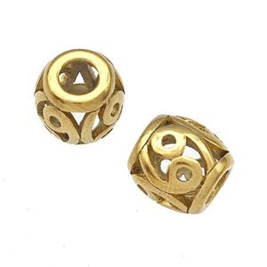 Stainless Steel Barrel Beads Hollow Large Hole Gold Plated, approx 9-10mm, 4mm hole