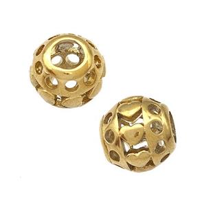 Stainless Steel Round Beads Hollow Large Hole Gold Plated, approx 9-10mm, 4mm hole