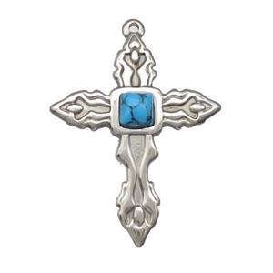 Raw Stainless Steel Cross Pendant Pave Blue Synthetic Turquoise, approx 33-40mm