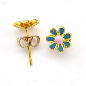 Stainless Steel Daisy Flower Stud Earring Pave Fire Opal Green Enamel Gold Plated, approx 8mm