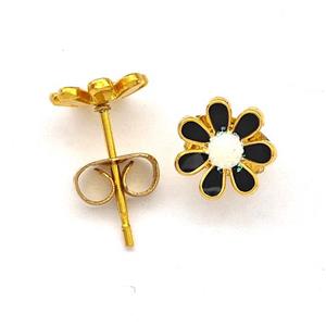 Stainless Steel Daisy Flower Stud Earring Pave Fire Opal Black Enamel Gold Plated, approx 8mm