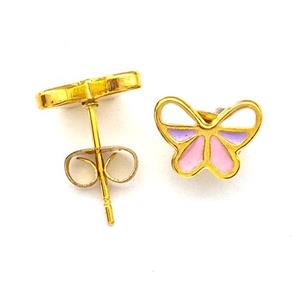 Stainless Steel Butterfly Stud Earrings Multicolor Enamel Gold Plated, approx 7-9mm