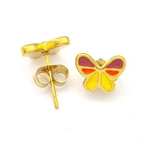 Stainless Steel Butterfly Stud Earrings Multicolor Enamel Gold Plated, approx 7-9mm