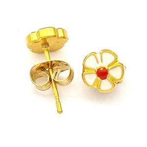 Stainless Steel Flower Stud Earring White Enamel Gold Plated, approx 6.5mm