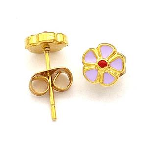 Stainless Steel Flower Stud Earring Lavender Enamel Gold Plated, approx 6.5mm