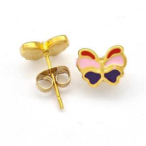 Stainless Steel Butterfly Stud Earring Multicolor Enamel Gold Plated, approx 7-9mm