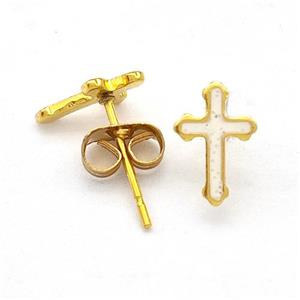 Stainless Steel Cross Stud Earring Pave Fire Opal Gold Plated, approx 6.5-9.5mm