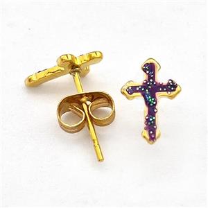 Stainless Steel Cross Stud Earring Pave Fire Opal Gold Plated, approx 6.5-9.5mm