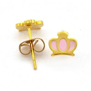 Stainless Steel Crown Stud Earring Pink Enamel Gold Plated, approx 6-7mm