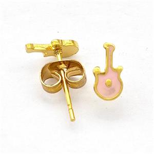 Stainless Steel Guitar Stud Earring Pink Enamel Gold Plated, approx 4-8mm