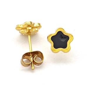 Stainless Steel Flower Stud Earring Black Enamel Gold Plated, approx 7mm